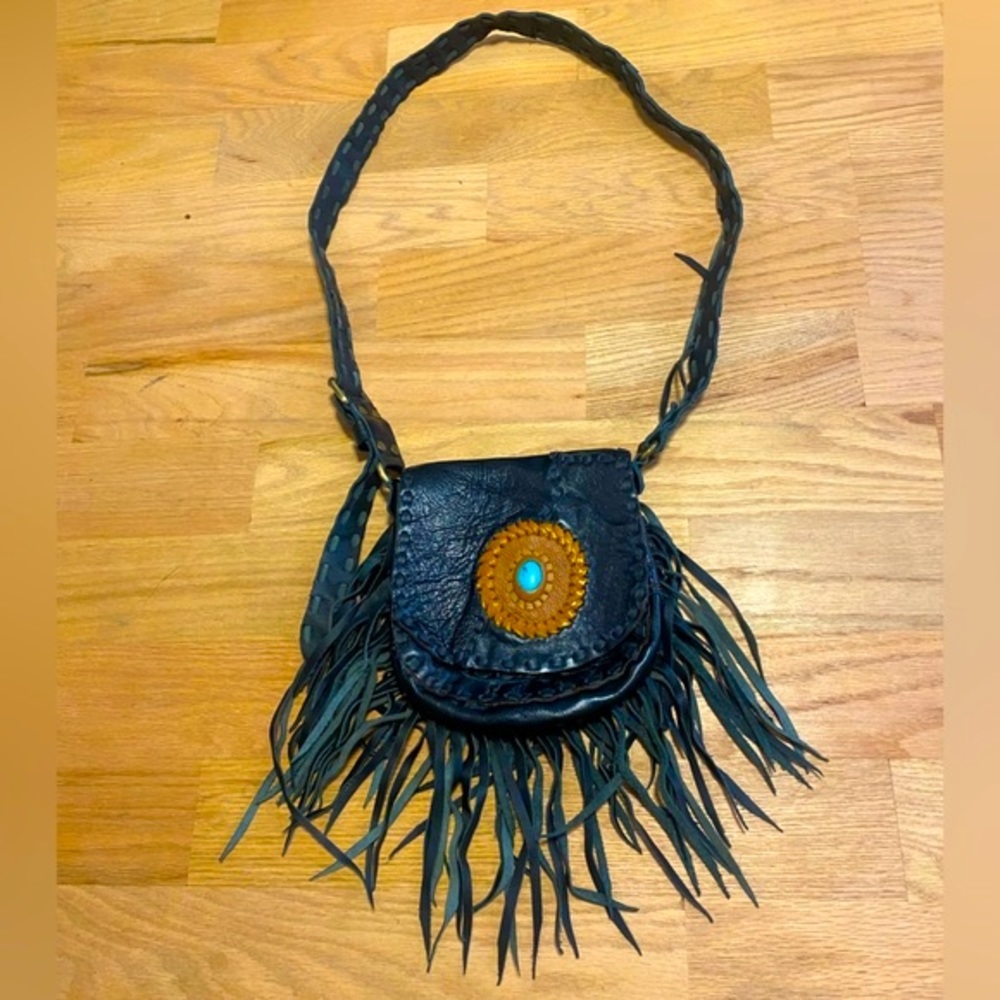 Handmade Leather Fringe Bag with Turquoise Detail